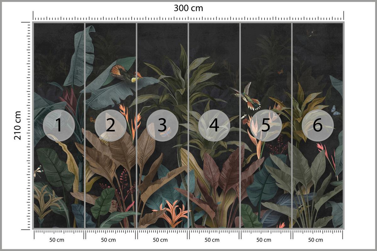 FOTOTAPETE Exotische Palmenblätter Dunkler Hintergrund Insekten Tropisch 300x210 - Orange/Braun, Papier (300/210cm) - Muralo
