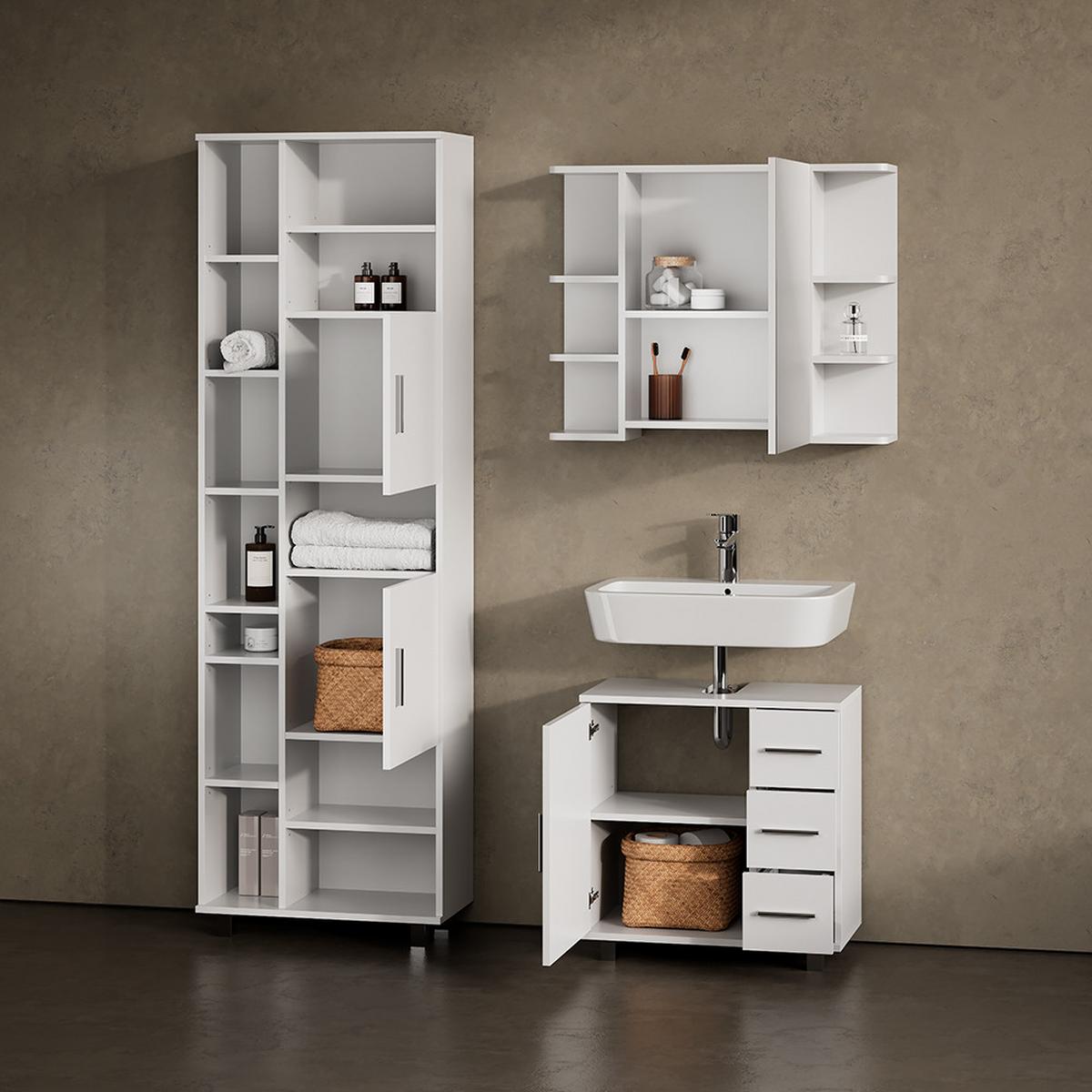 BADMÖBEL-SET Eisak Weiß 3 Teile, mit Hochschrank - Weiß, Holzwerkstoff (60/60/33cm) - Livinity®