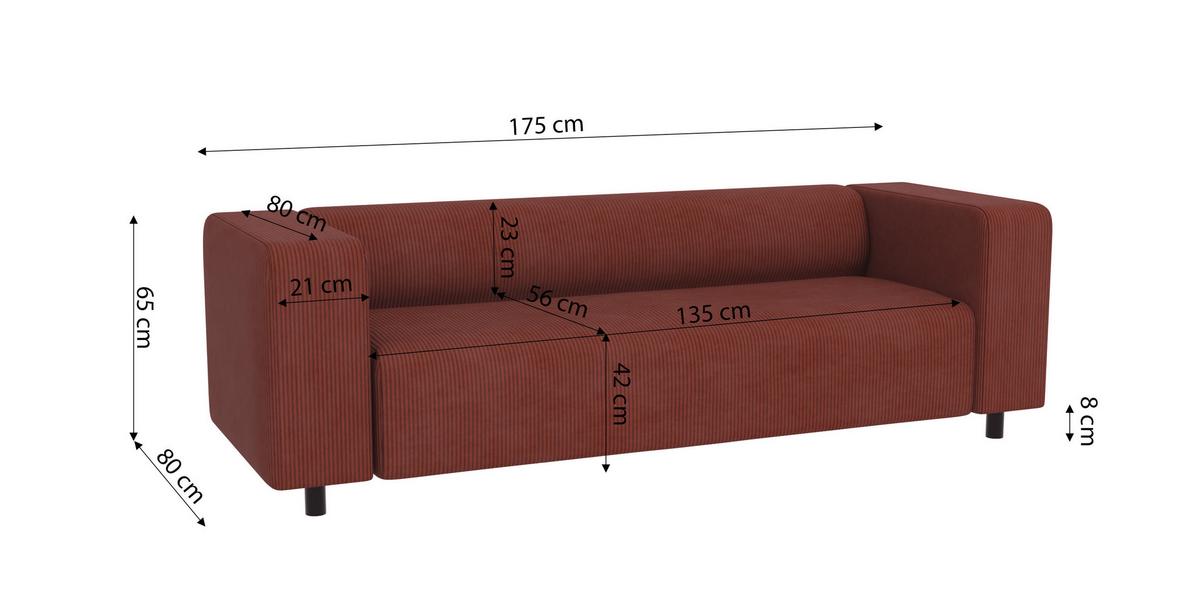 SITZGARNITUR 3+2 Tove Terrakotta Cord - Terracotta/Schwarz, Holz/Kunststoff (175/65/80cm) - S-Style Möbel