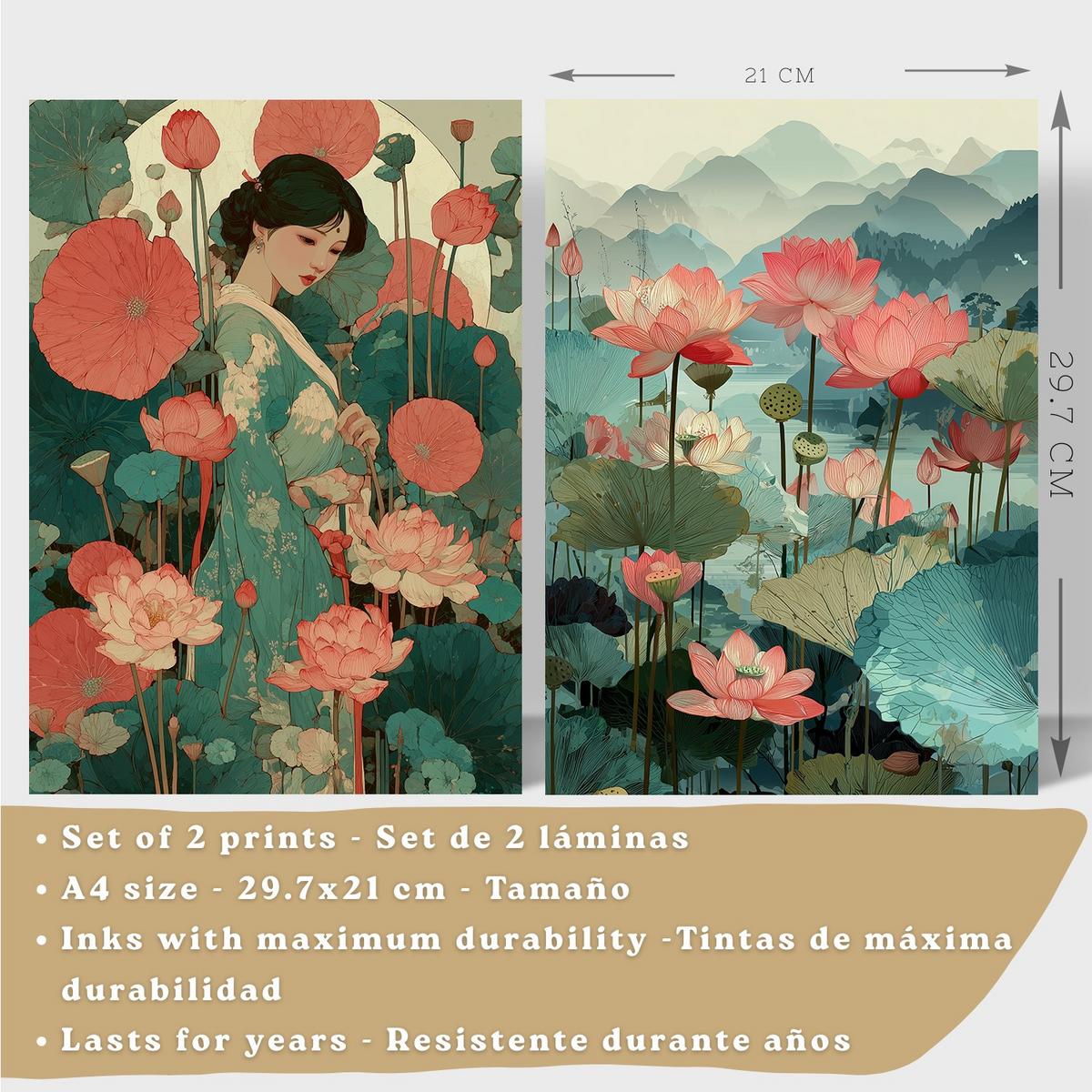 POSTER 2er-Set dekorative Badezimmerdrucke, japanisch-orientalische Kunstposter WC mit Lotusblumen, asiatische Landschaft, Stil Leichter Holzrahmen A4 - Beige, Papier (29.7/21/3cm) - Nacnic