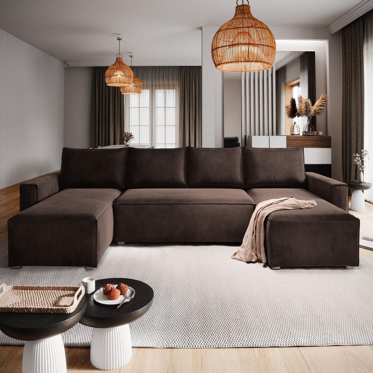 WOHNLANDSCHAFT DENI Braun Velours-Stoff mit Schlaffunktion - Braun/Grau, Holz/Kunststoff (295/85/140cm) - MASSENO