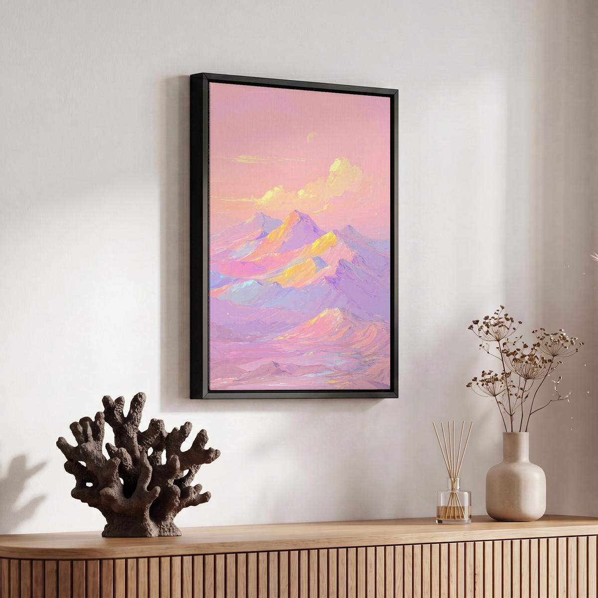 LEINWAND Bilder mit Rahmen - Berggipfel - Wolken - Verträumt - 20x30 - Hellrosa, Textil (20/30cm) - MuchoWow