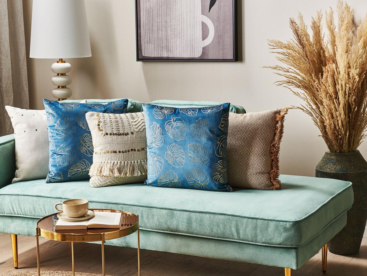DEKOKISSEN 2er-Set Blau 45/45 cm Monstera - Blau, Textil (45/45cm) - Beliani