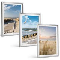 BILDER SET 3er Set - 40x60 cm Silberner Rahmen - Strand, Sand, Wellen, Himmel, Vögel - Silberfarben, Kunststoff (40/60cm) - TULUP