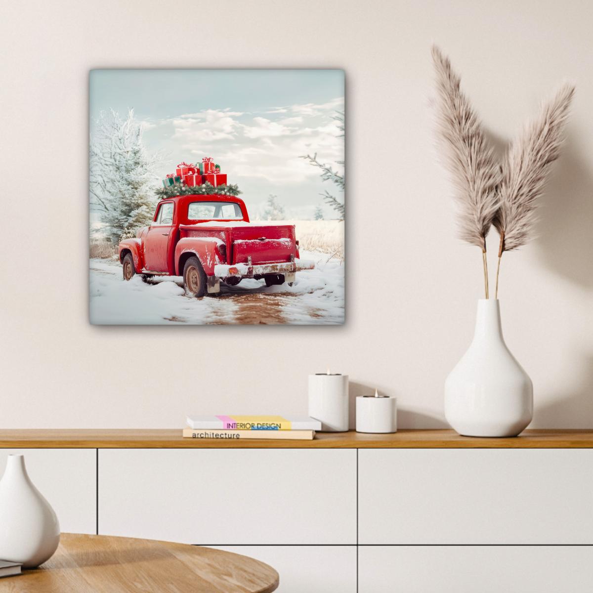LEINWANDBILD Auto - Rot - Geschenke - Winter - Schnee - Weihnachten Wandbild Wohnzimmer 50x50 cm - Rot, Textil (50/50cm) - MuchoWow