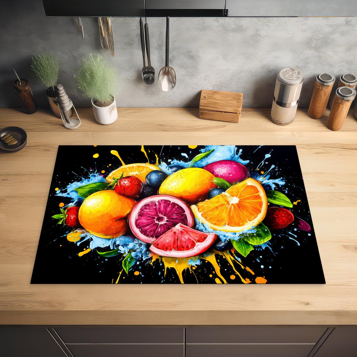 HERDABDECKPLATTE Obst - Graffiti - Bunt - Orange - Erdbeere - Abstrakt Ceranfeldabdeckung 78x52 cm - Orange, Kunststoff (78/52/0.2cm) - MuchoWow