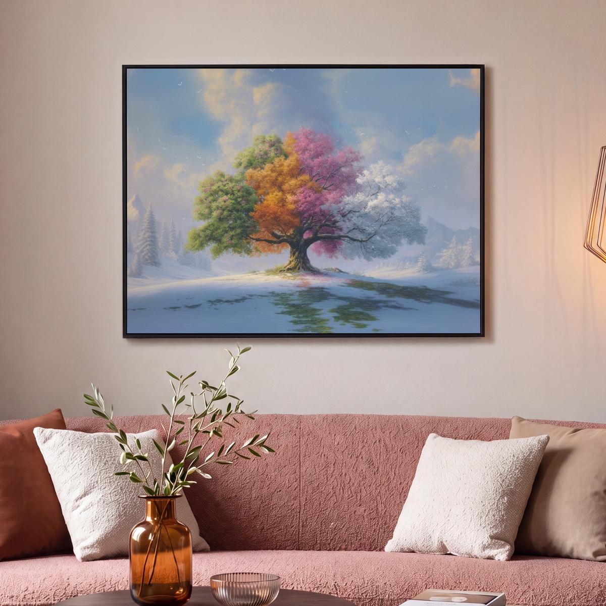 LEINWAND Bilder mit Rahmen - Baum - Jahreszeiten - Winter - Landschaft - 100x70 - Multicolor, Textil (100/70cm) - MuchoWow