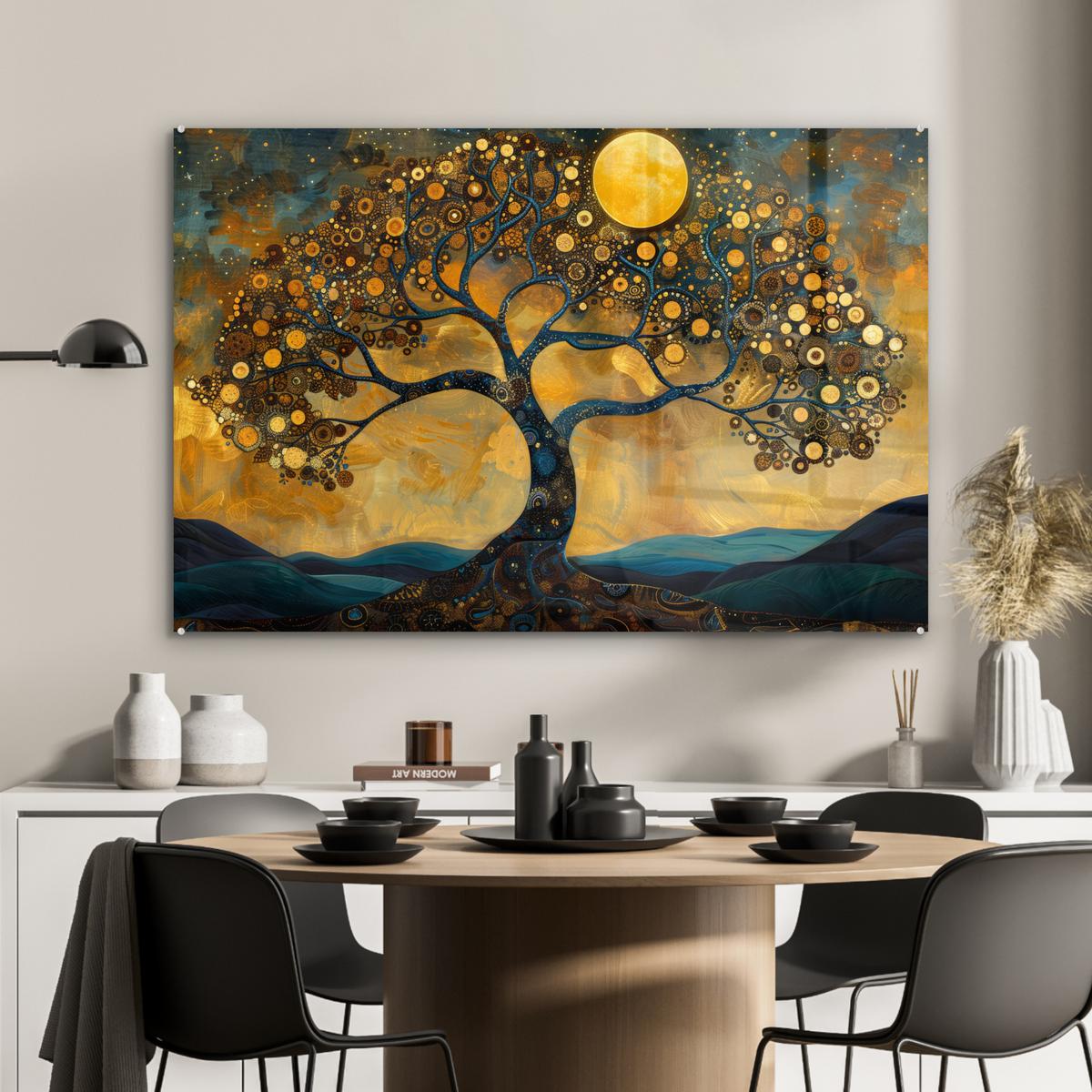 ACRYLGLASBILD Baum - Mond - Blumen - Gold - Kunst Wandbild Schlafzimmer 120x80 cm - Orange, Glas (120/80cm) - MuchoWow