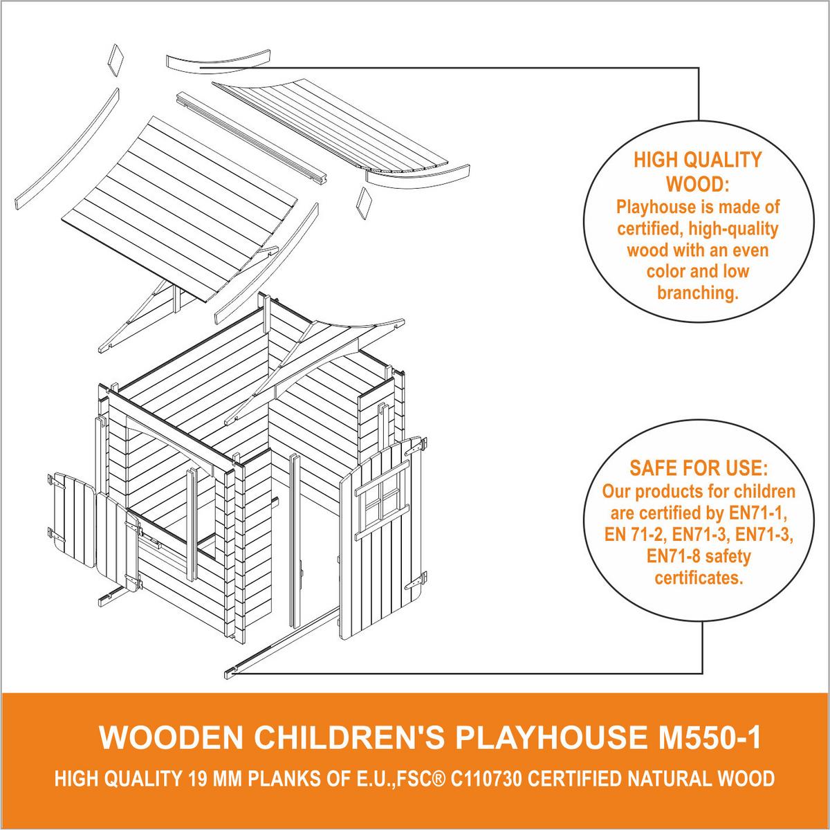 KINDERSPIELHAUS aus Holz - B112xL146xH152 cm/1,1m2 - M550-1 - Beige, Holz (146/152/112cm) - Timbela