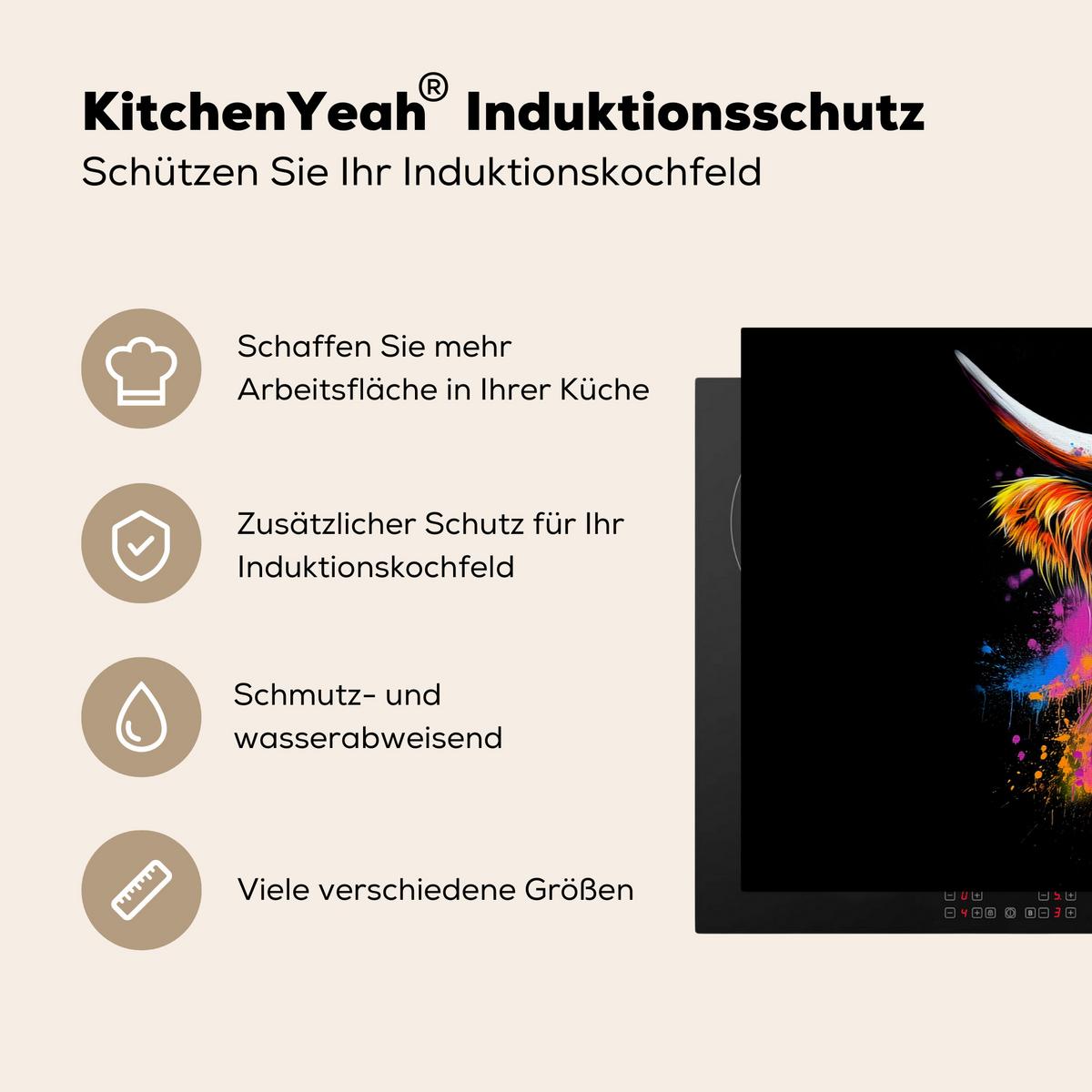 HERDABDECKPLATTE Schottischer Highlander - Graffiti - Bunt - Blume - Tiere Induktionsschutz 91.6x52.7 cm - Multicolor, Kunststoff (91.6/52.7/0.2cm) - MuchoWow