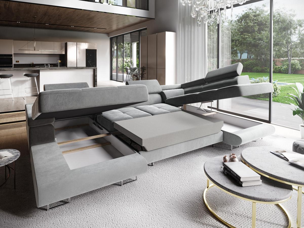 WOHNLANDSCHAFT CASONE R-S Hellgrau Velours-Stoff mit Schlaffunktion - Silberfarben/Hellgrau, Holz/Textil (345/90/202cm) - MASSENO