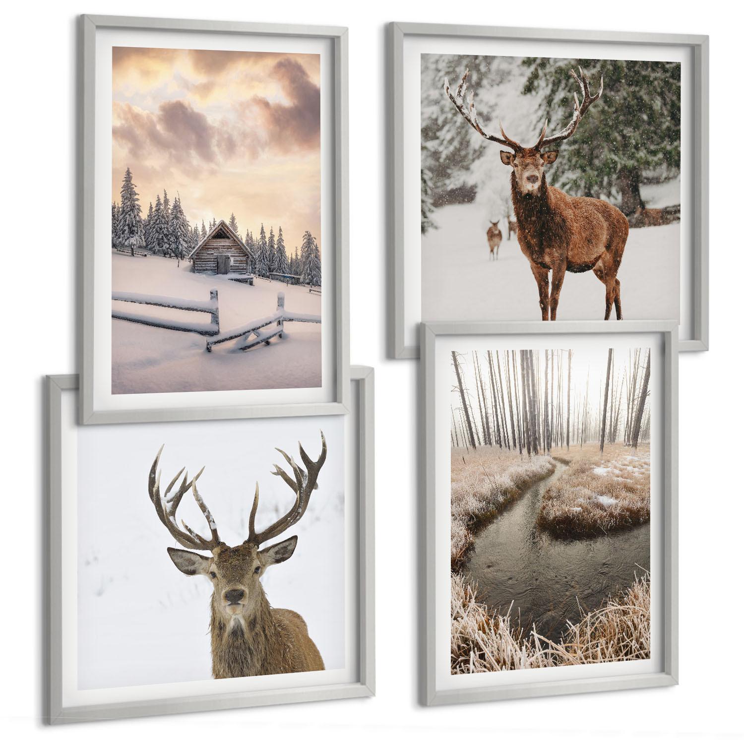 BILDER SET 4er Set - 50x50 cm & 40x60 cm Silberner Rahmen - Winterlandschaft mit Hirschen - Silberfarben, Kunststoff (50/50cm) - TULUP