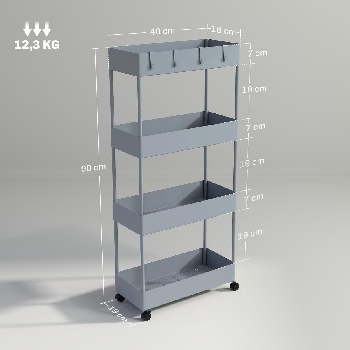 ROLLWAGEN mit 4 Ebenen, Kunststoff, Grau, 40 x 19 x 90 cm - Grau, Metall (19/90/40cm) - HOMCOM