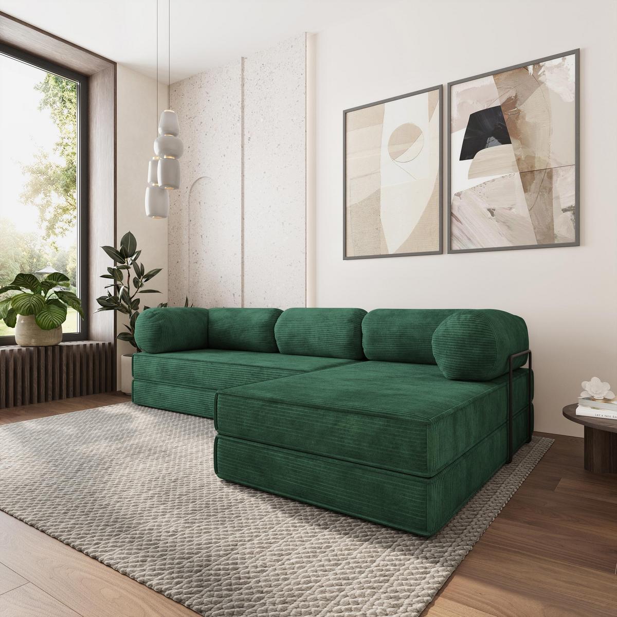 ECKSOFA ETERA modulares Boneless Sofa mit Schlaffunktion Grün Kordstoff - Grün, Textil (270/160cm) - MASSENO