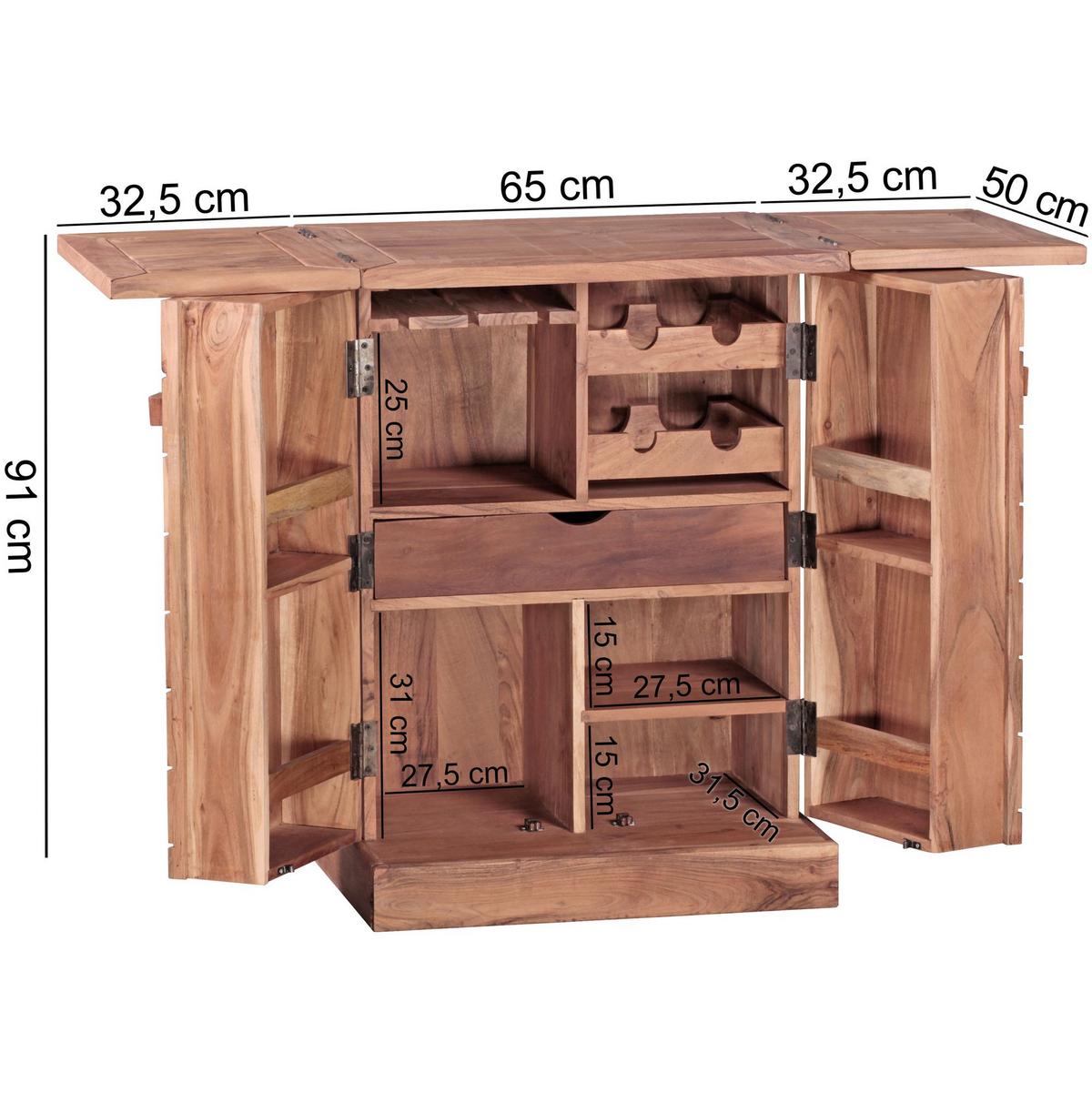 HAUSBAR aus Massivholz mit Klappfunktion und Stauraum für Flaschen und Gläser, Akazie 65x50x91 cm - Akaziefarben, Holz (65/91/50cm) - KADIMA DESIGN