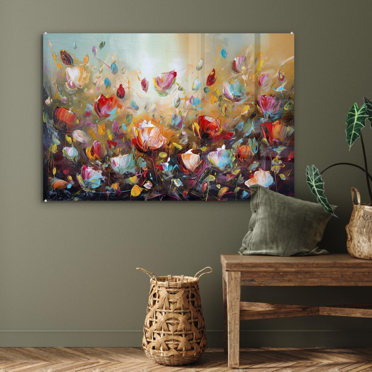 ACRYLGLASBILD Blumen - Kunst - Natur - Ölgemälde Room Decor 90x60 cm - Multicolor, Glas (90/60cm) - MuchoWow