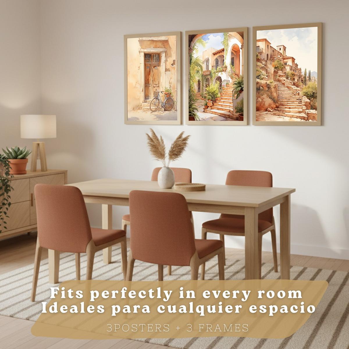 POSTER 3er Bilder-Set Wandbilder Landhaus Braun modern Wohnzimmer Deko, Schlafzimmer, Küche, Badezimmer Leichter Holzrahmen A3 - Beige, Papier (29.7/1/42cm) - Nacnic
