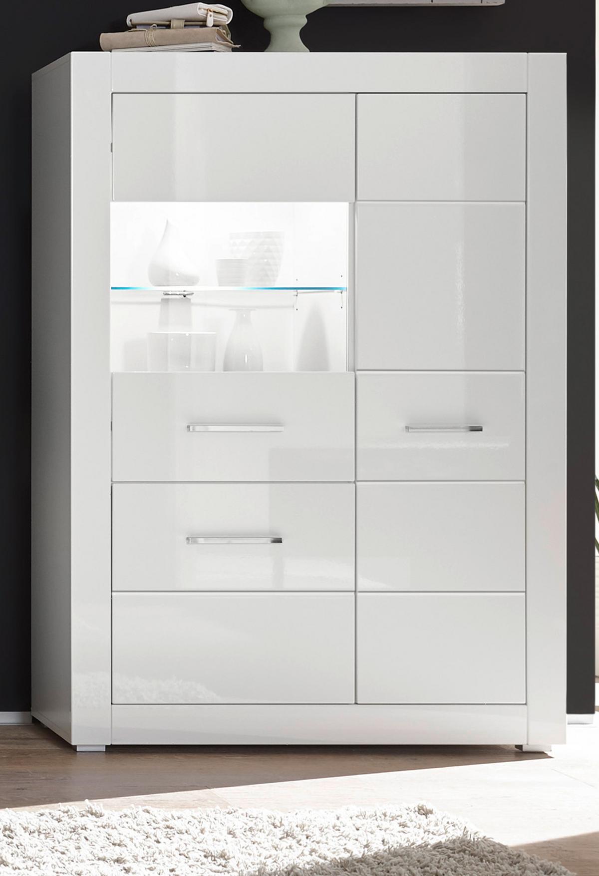 VITRINE weiß Hochglanz 100 x 142 cm, Highboard mit Chrom-Metallgriffen - Weiß Hochglanz/Silberfarben, Glas/Holzwerkstoff (100/142/35cm) - Furn.Design