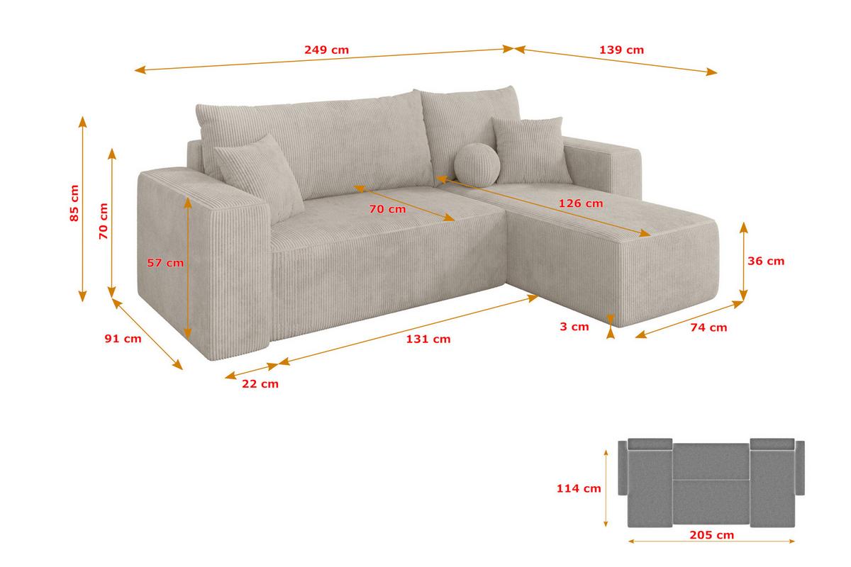 ECKSOFA mit Schlaffunktion Ottomane Rechts SENO-L 249x139x85 Creme Cord - Ecru/Creme, Holzwerkstoff/Kunststoff (249/139cm) - ALTDECOR