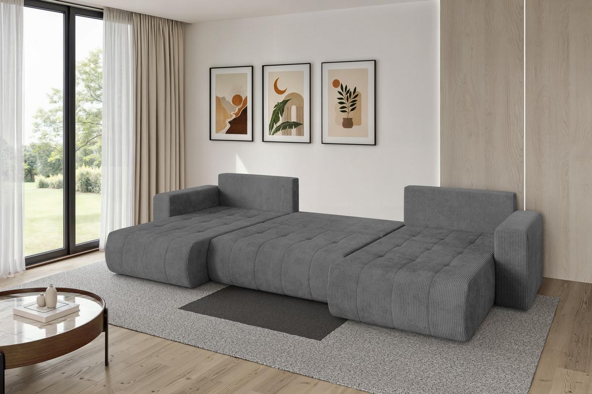 WOHNLANDSCHAFT mit Schlaffunktion und Bettkasten MILA-U 378x194x86 Dunkelgrau Cord - Dunkelgrau/Schwarz, Holzwerkstoff/Kunststoff (378/86/194cm) - ALTDECOR