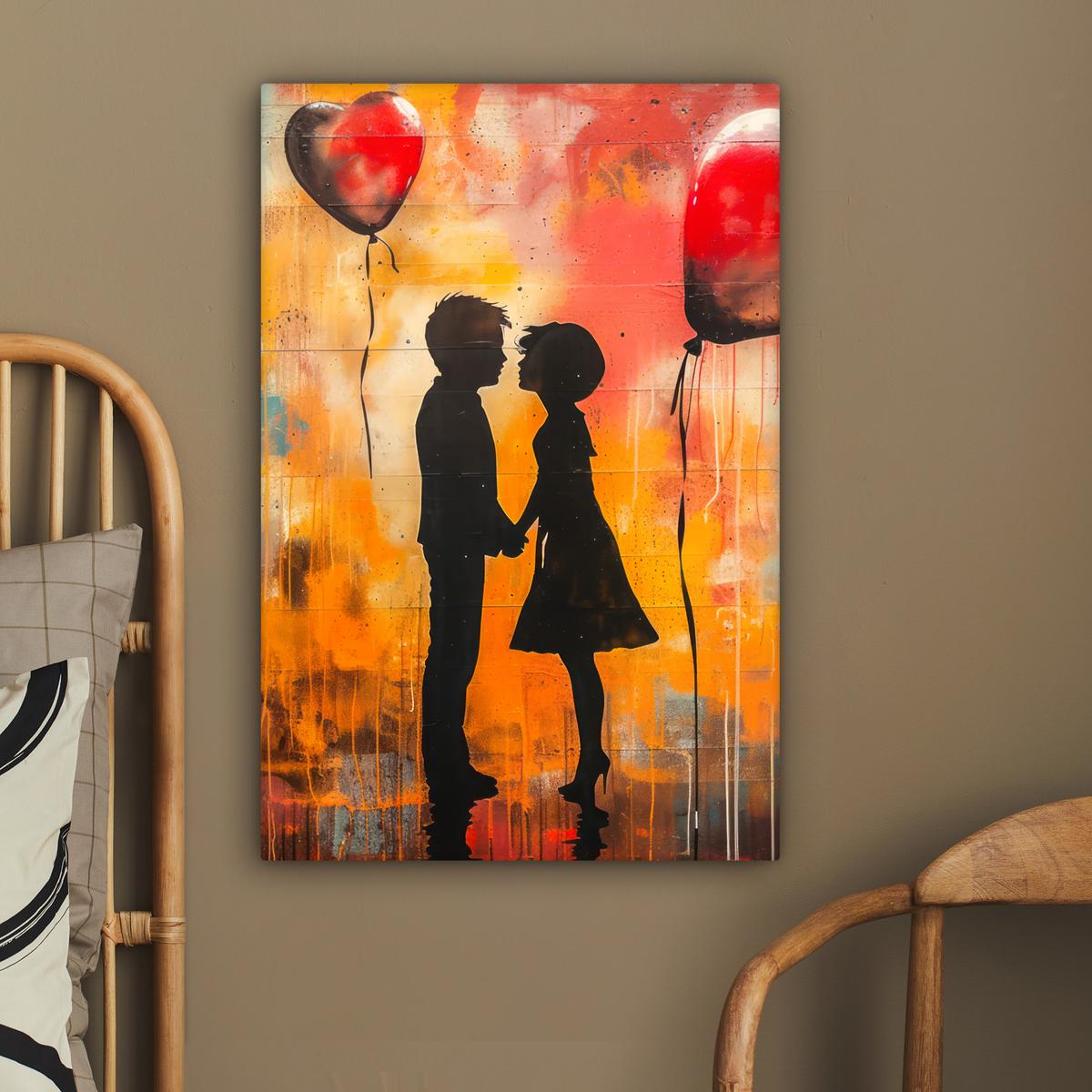 LEINWANDBILD Straßenkunst - Liebe - Graffiti - Kunst - Banksy Wanddeko 40x60 cm - Orange, Textil (40/60cm) - MuchoWow