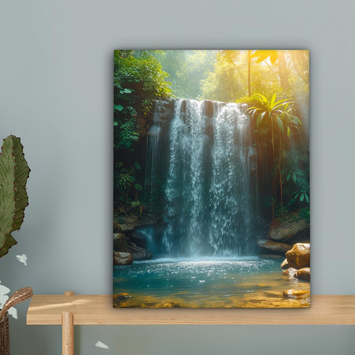 LEINWANDBILD Wasserfall - Dschungel - Sonne - Grün - Natur Room Decor 30x40 cm - Grün, Textil (30/40cm) - MuchoWow