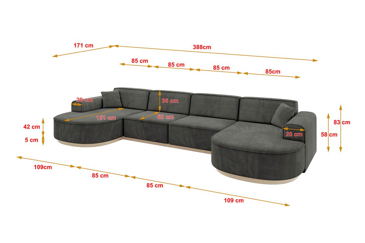 WOHNLANDSCHAFT MARI-U2-v1 - 388x171x83 cm Dunkelgrau Velours - Dunkelgrau, Holzwerkstoff/Textil (388/83/171cm) - ALTDECOR