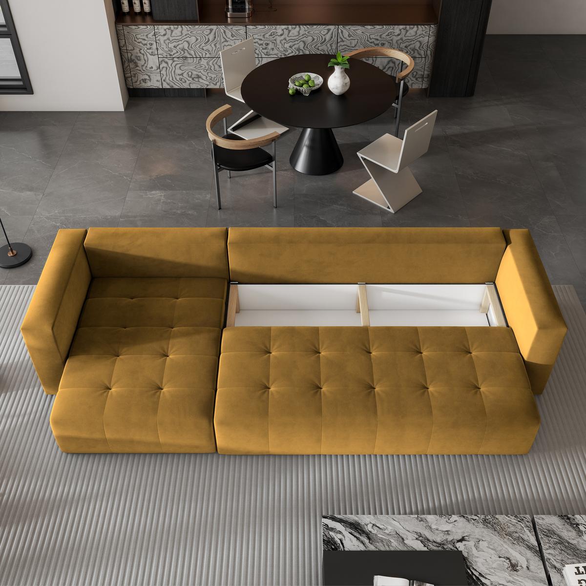 ECKSOFA OLVERA Gelb Plüsch-Stoff mit Schlaffunktion - Gelb, Holz (347/148cm) - MASSENO