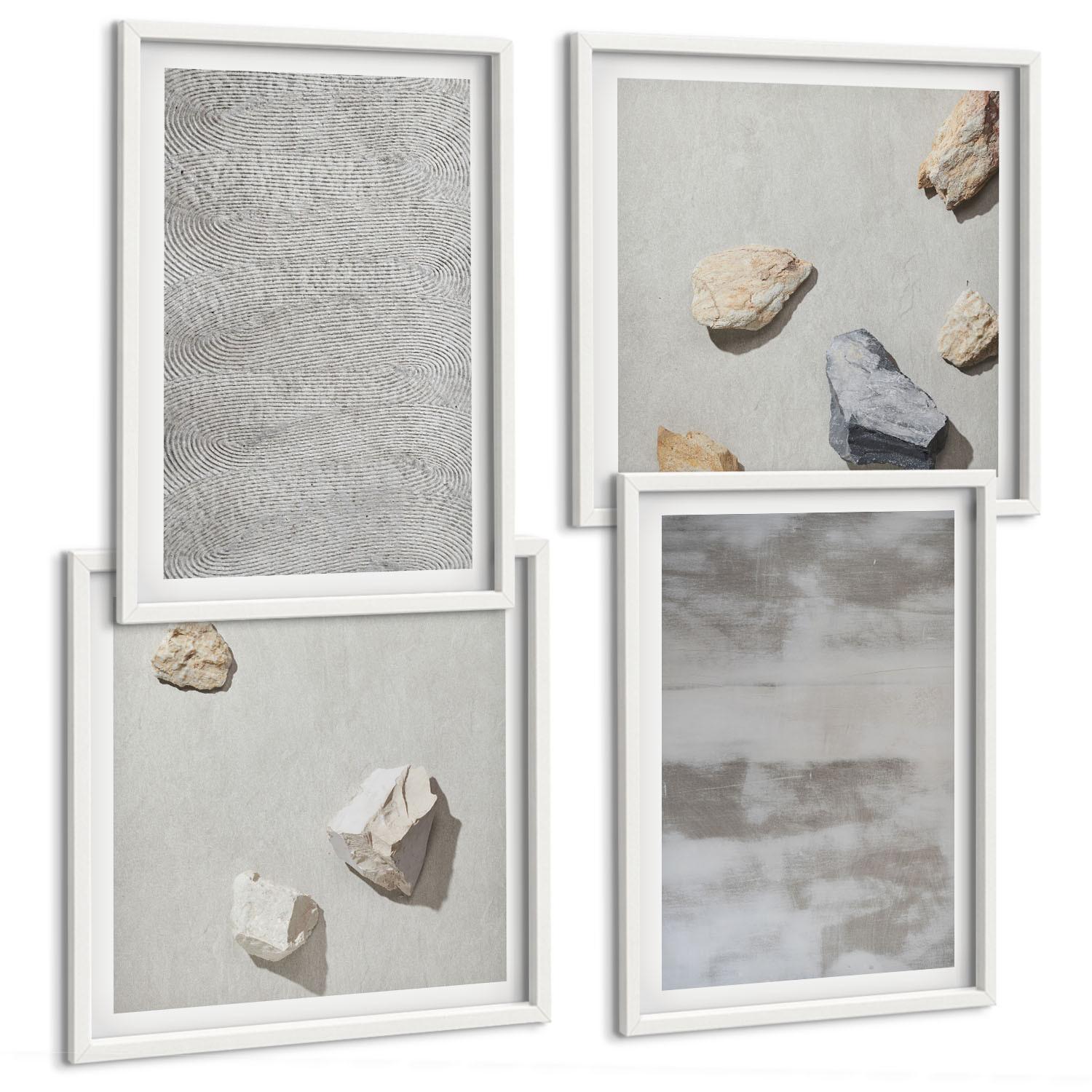 BILDER SET 4er Set - 50x50 cm & 40x60 cm Weißer Rahmen - Moderne minimalistische Texturen - Weiß, Kunststoff (50/50cm) - TULUP