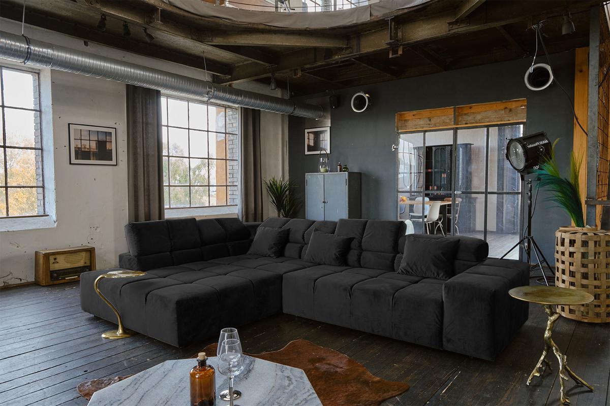 ECKSOFA MIT MOTORISCHEM SITZVORZUG NEVADA Schwarz Velvet Relaxfunktion - Schwarz, Textil (319/215cm) - KAWOLA