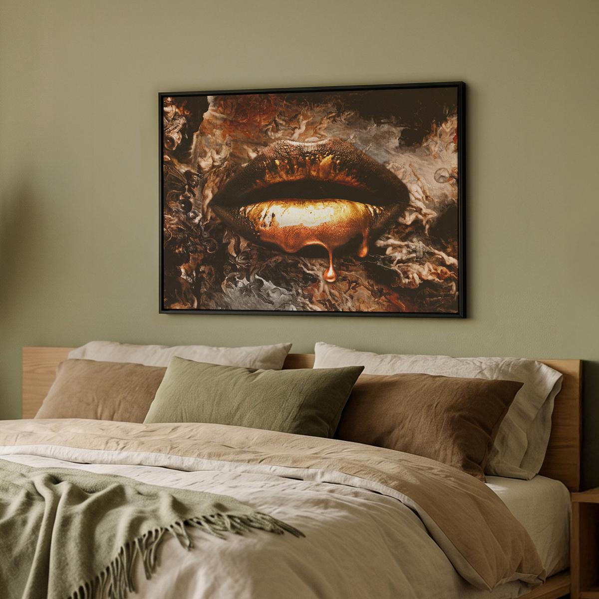 LEINWAND Bilder mit Rahmen - Gold - Lippen - Kunst - Gold - Luxus - Abstrakt - 70x50 - Kupferfarben, Textil (70/50cm) - MuchoWow