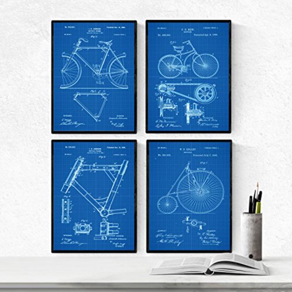POSTER Set mit 4 Blau Fahrrad Patent A4 Schwarzer Rahmen - Schwarz, Papier (29.7/3cm) - Nacnic