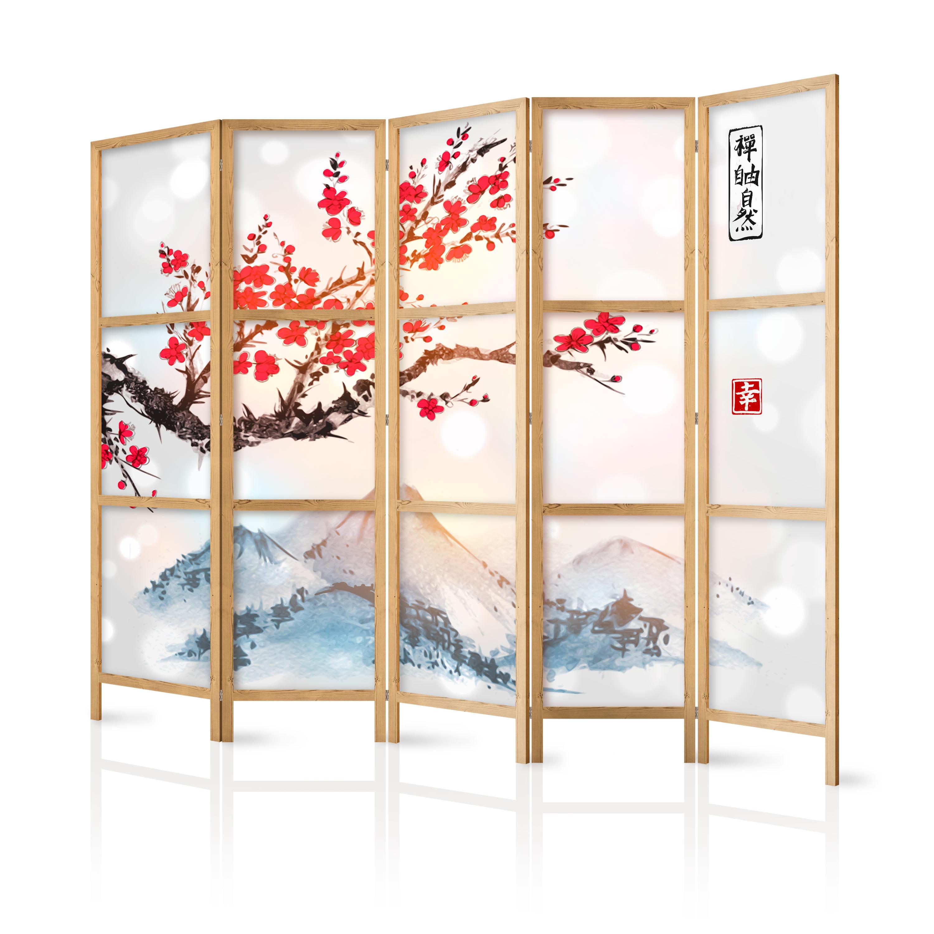 PARAVENT Japanischer 5-tlg 225x172 cm Sakura Berg Fuji - Multicolor, Holz/Textil (225/172/3cm) - Muralo