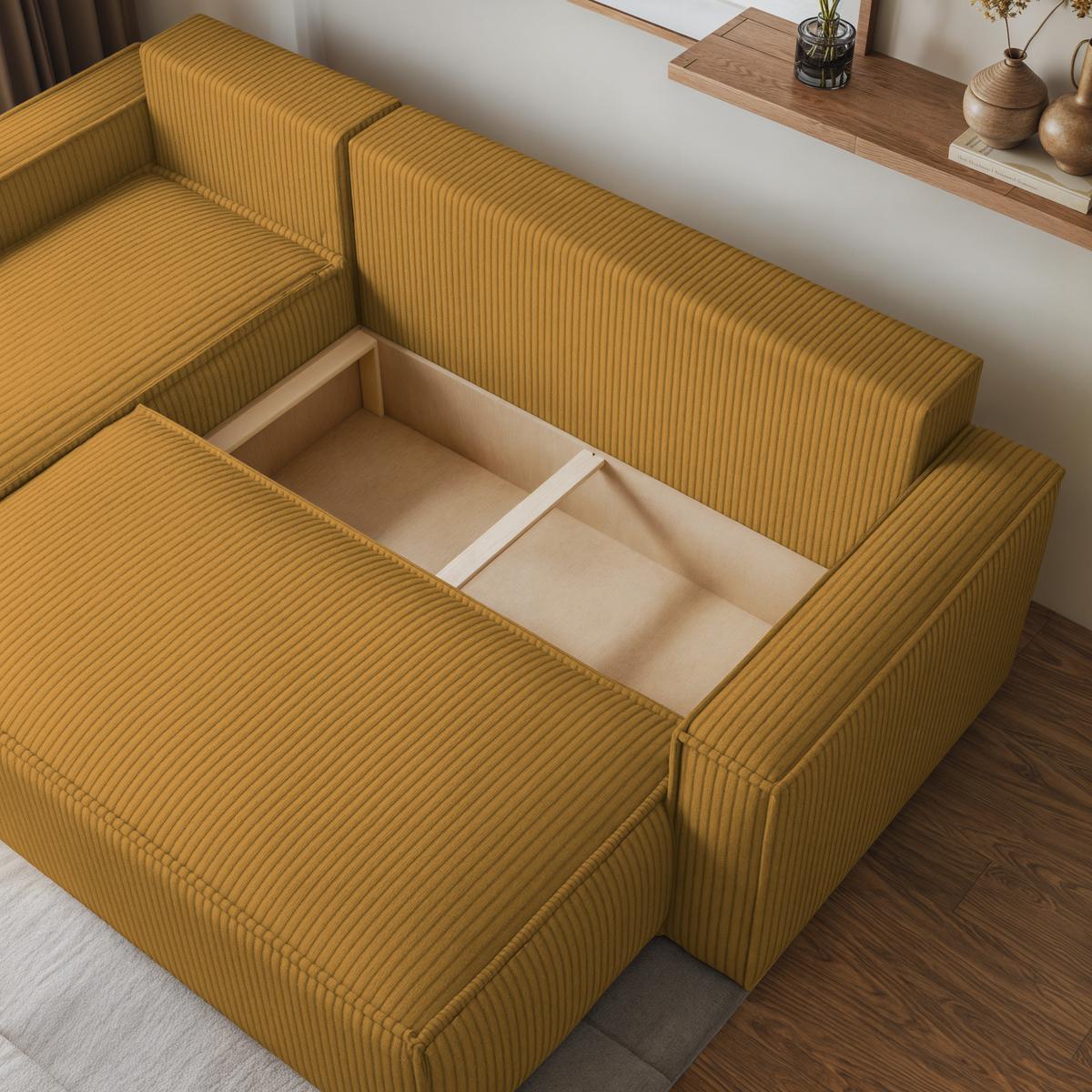 ECKSOFA RAVELO P Gelb Kordstoff mit Schlaffunktion - Gelb/Grau, Holz/Kunststoff (240/140cm) - MASSENO