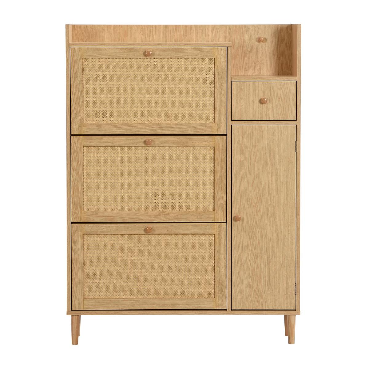 SCHUHSCHRANK Rattan Platzsparender mit 3 Kipp-Türen & 1 Schublade - Eichefarben, Holzwerkstoff (90/125/17cm) - Urban Meuble