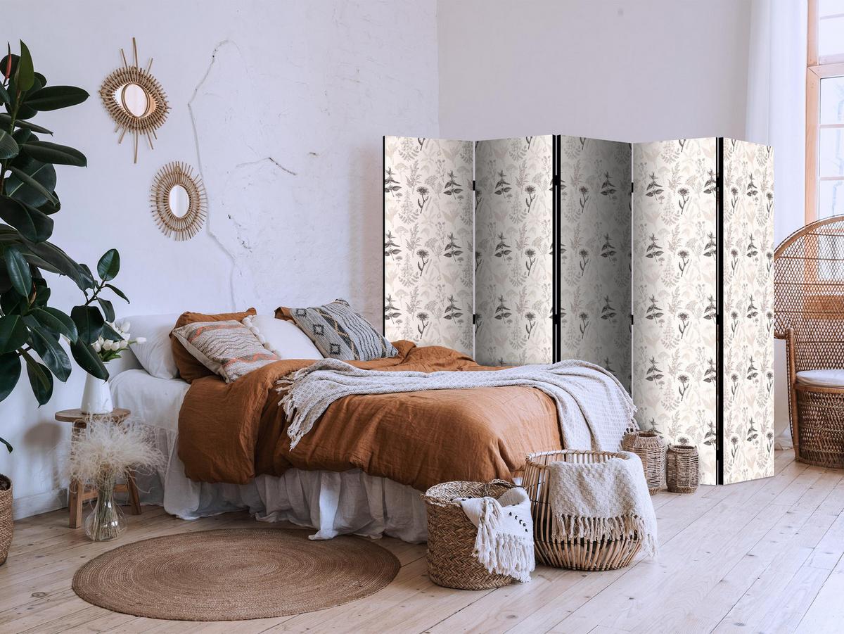 PARAVENT Einseitig Bedruckter 5-tlg 225x172 cm Blumen und Kräuter - Beige, Holz/Textil (225/172/3cm) - Muralo