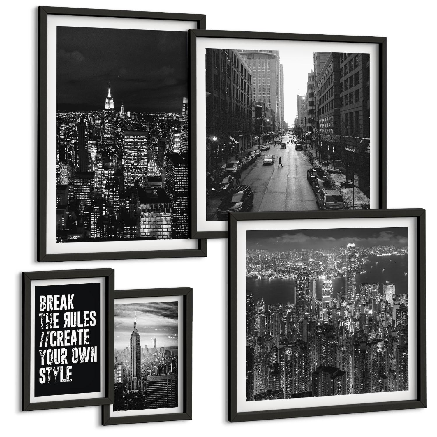 BILDER SET 5er Set - 50x50 cm & 20x30 cm & 40x60 cm Schwarzer Rahmen - Inspiration für Schwarz-Weiß-Darstellungen von Stadtstraßen - Schwarz, Kunststoff (40/60cm) - TULUP
