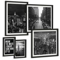 BILDER SET 5er Set - 50x50 cm & 20x30 cm & 40x60 cm Schwarzer Rahmen - Inspiration für Schwarz-Weiß-Darstellungen von Stadtstraßen - Schwarz, Kunststoff (40/60cm) - TULUP