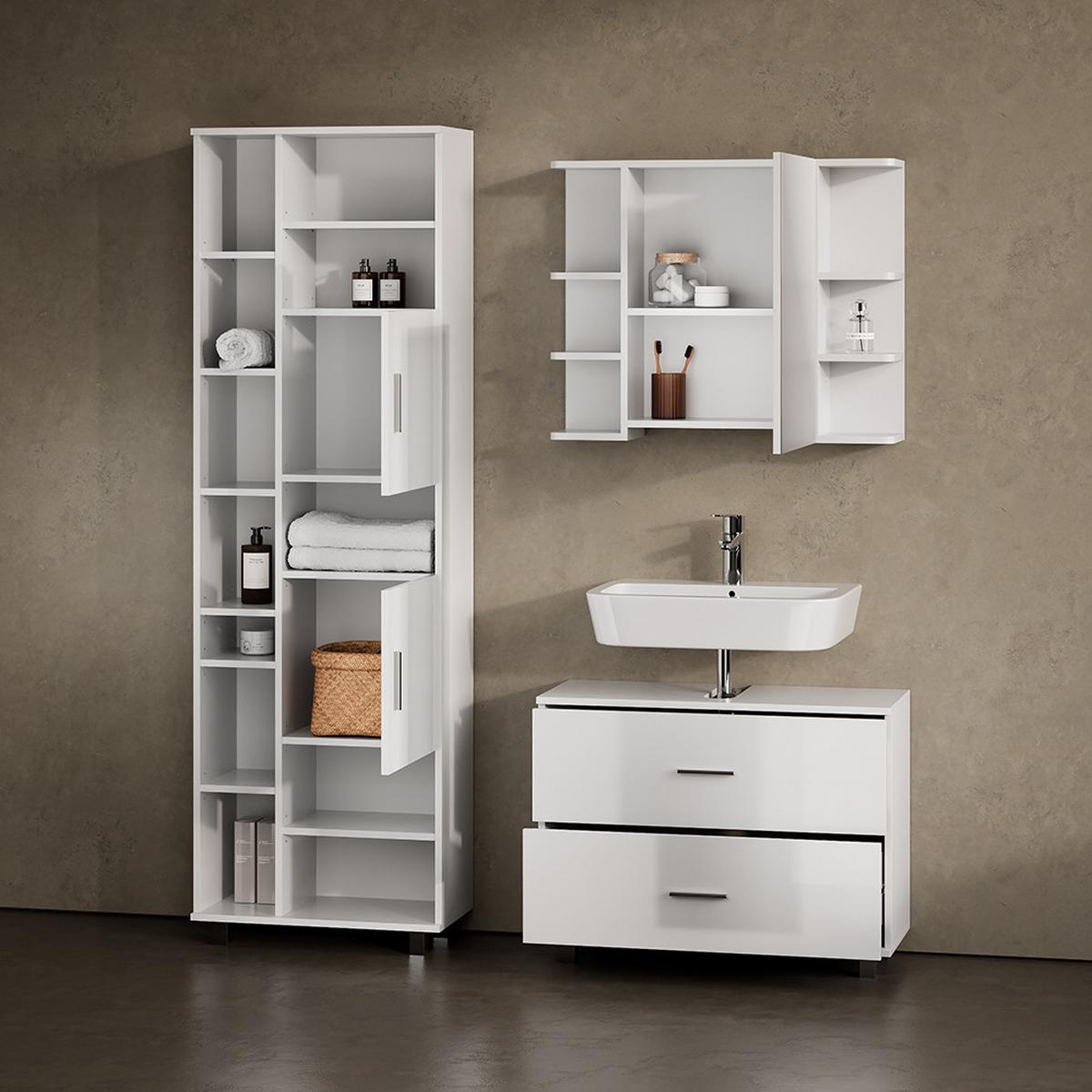 BADMÖBEL-SET Eisak Weiß Hochglanz 3 Teile, mit Hochschrank - Weiß Hochglanz, Holzwerkstoff (80/60/33cm) - Livinity®