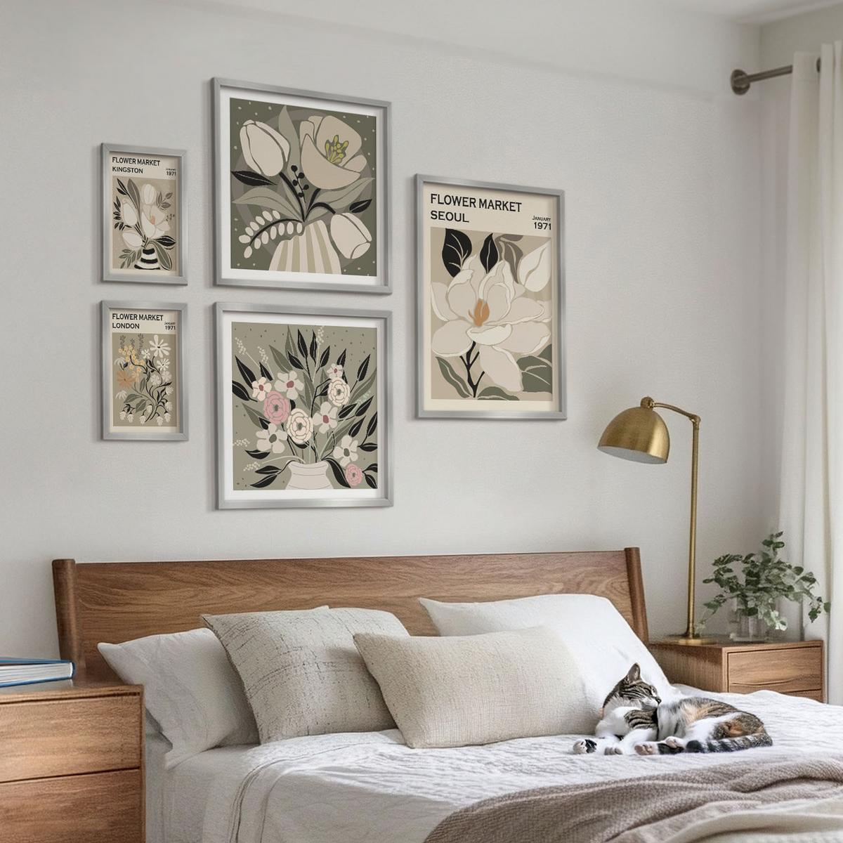 BILDER SET 5er Set - 50x50 cm & 20x30 cm & 40x60 cm Silberner Rahmen - Retro-Blumen aus Städten rund um die Welt - Silberfarben, Kunststoff (40/60cm) - TULUP