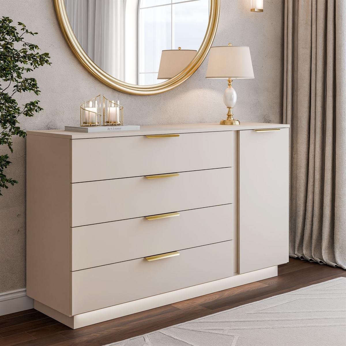 KOMMODE LINA KASCHMIR 1D4S mit LED-Beleuchtung auf Sockel Gold Chrom - Kaschmir, Holzwerkstoff (138/84/40cm) - Lookway