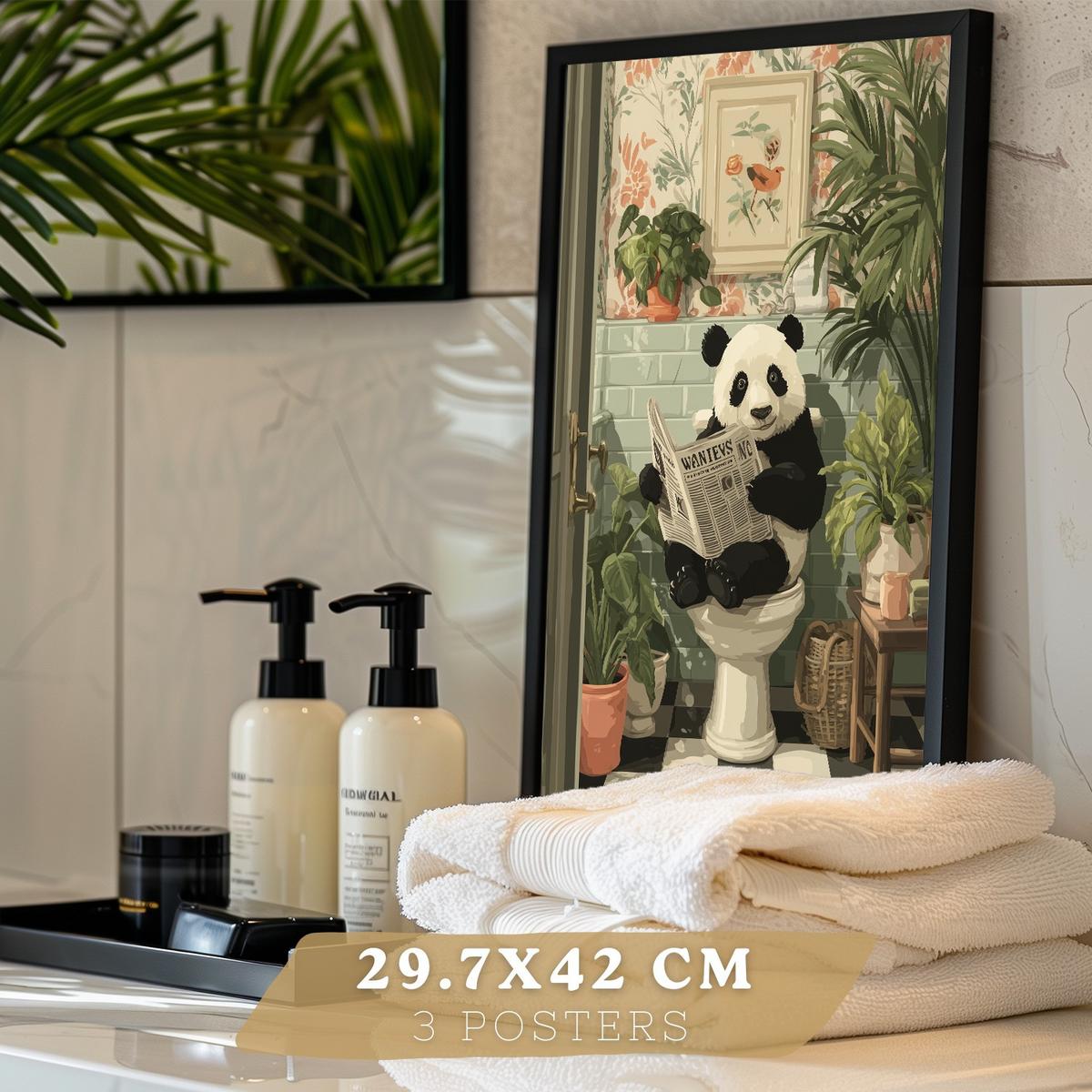 POSTER 3er-Set lustige Badezimmer-Drucke, Panda- und Koala-Tiermotive für Toilette, witziges für Toilette, Vintage-Botanik-Stil Schwarzer Rahmen A3 - Schwarz, Papier (42/29.7/3cm) - Nacnic