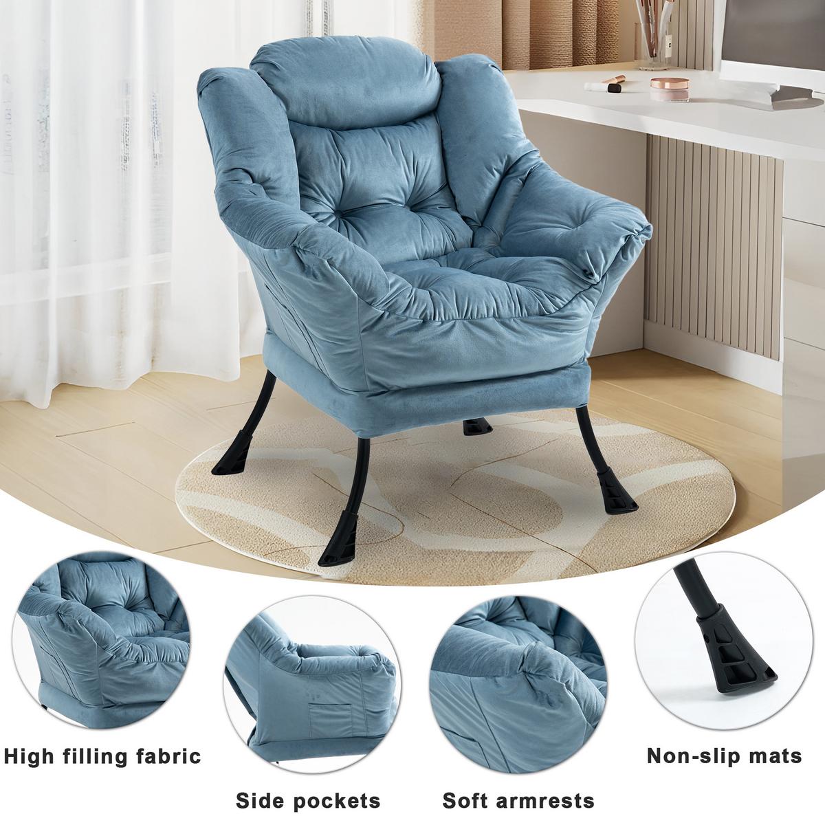 SESSEL aus samt und metall, mit kopfstütze und seitentasche - Hellblau, Metall (75/85/80cm) - Urban Meuble