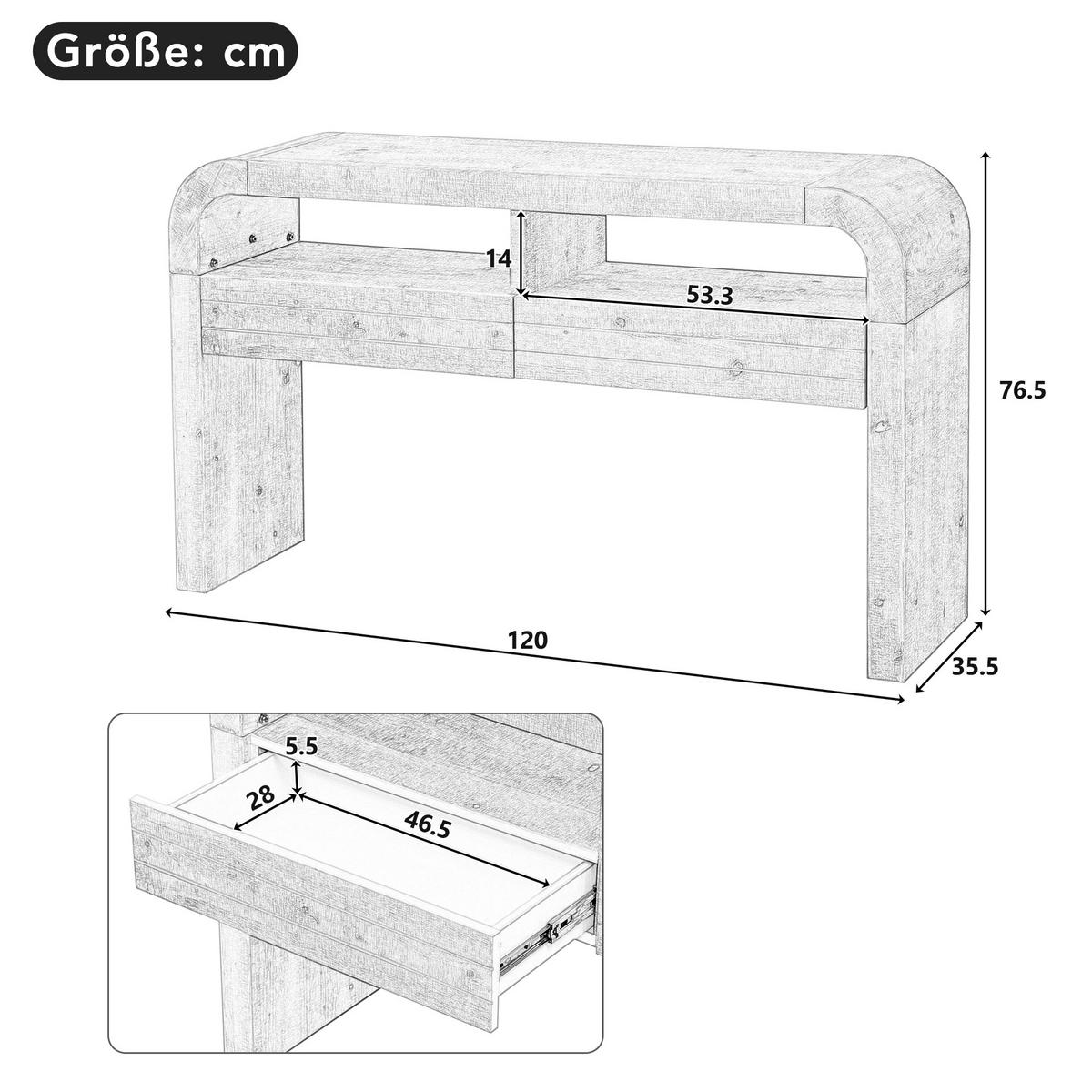 KONSOLENTISCH mdf in natur-holzoptik, geschwungene kanten & 2 schubladen - Naturfarben, Holzwerkstoff (35.5/120/76.5cm) - Urban Meuble