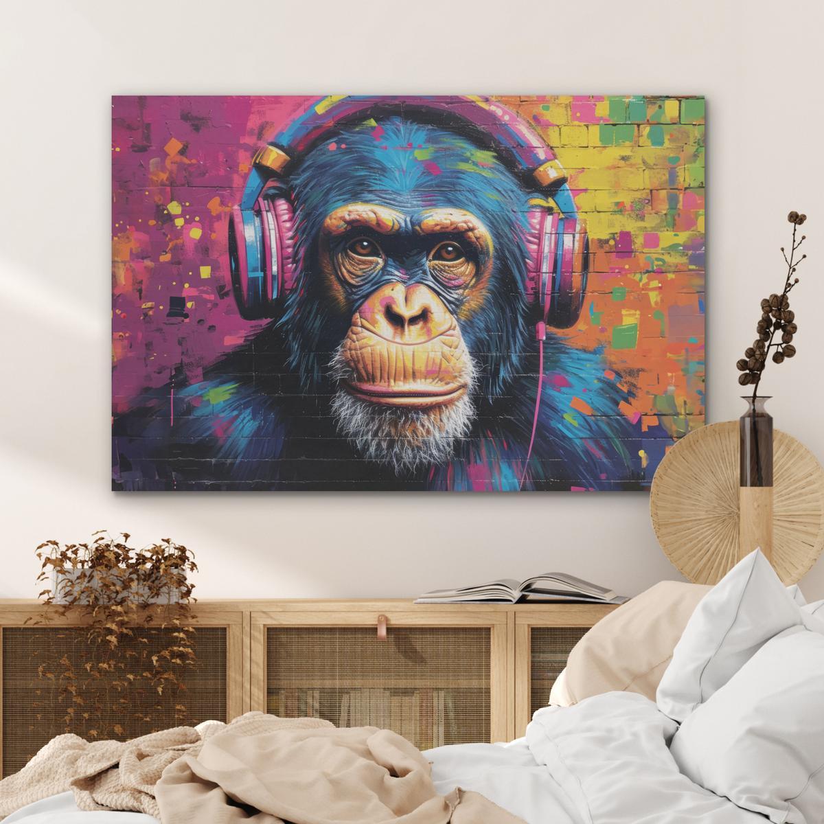 AKUSTIKBILD Graffiti - Schimpanse - Straßenkunst - Kopfhörer - Affe Akustikpaneele 90x60 cm - Blau, Kunststoff (90/60/0.9cm) - MuchoWow