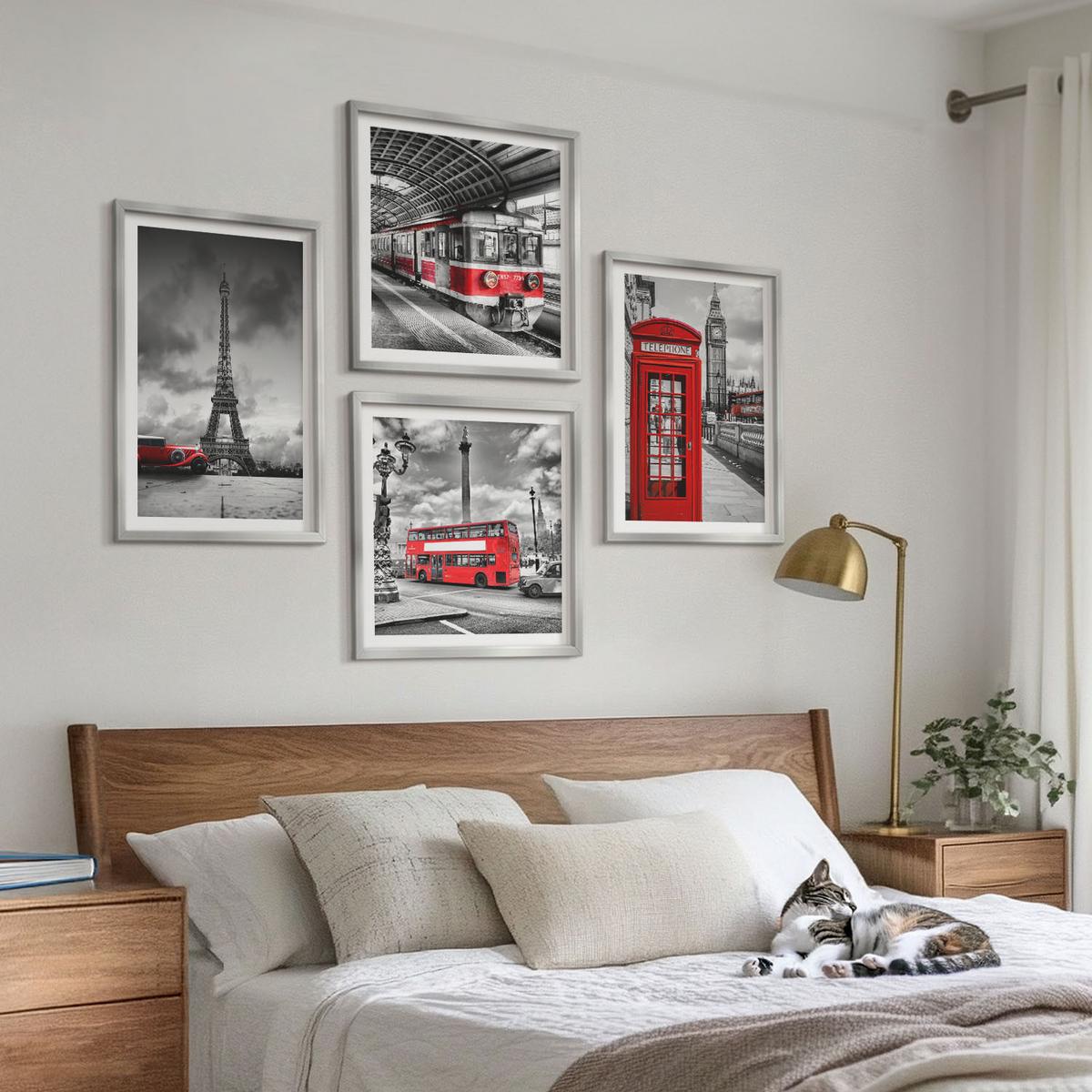 BILDER SET 4er Set - 50x50 cm & 40x60 cm Silberner Rahmen - Ikonische Städte London Paris Eisenbahn - Silberfarben, Kunststoff (50/50cm) - TULUP