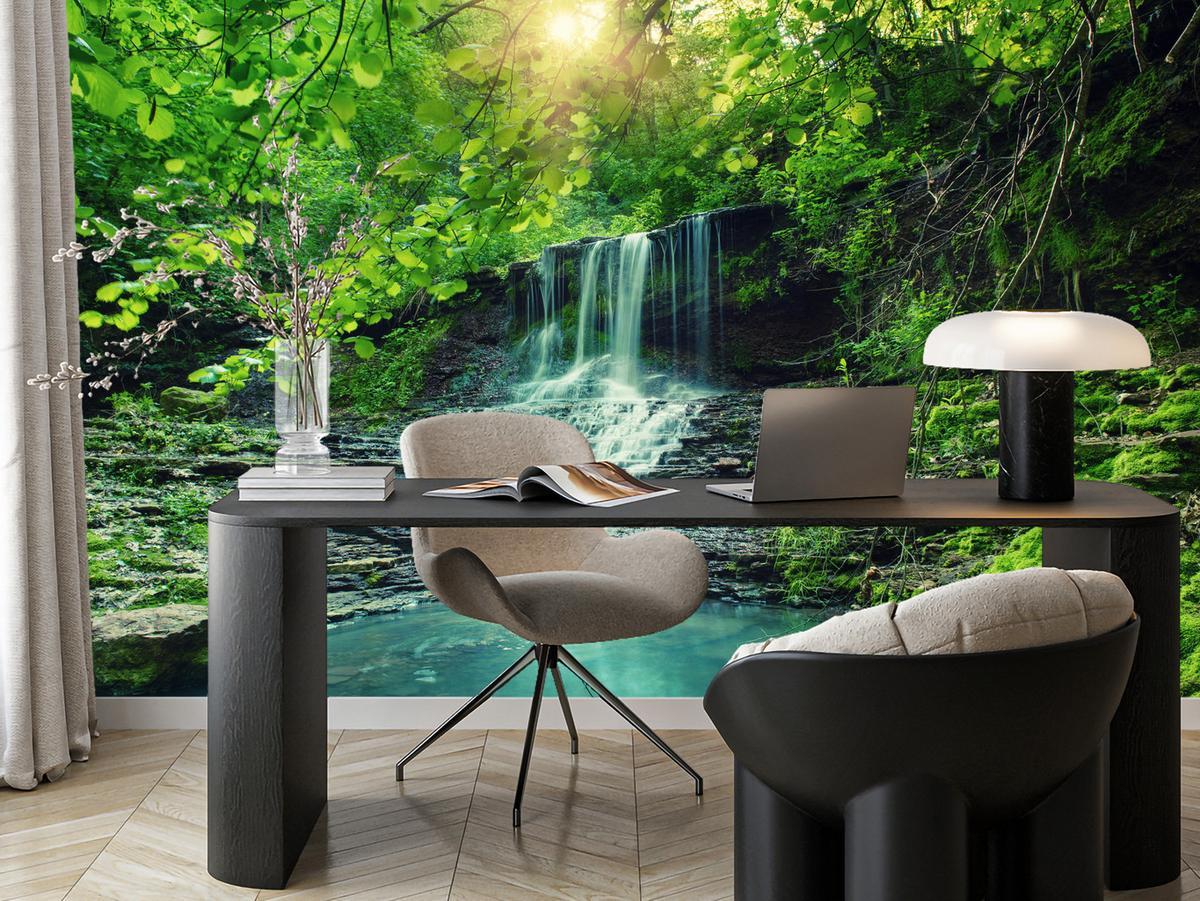 FOTOTAPETE für Schlafzimmer Türkisfarbener Wasserfall Wald Bäume Blätter Felsen 100x70 - Türkis/Blau, Papier (100/70cm) - Muralo