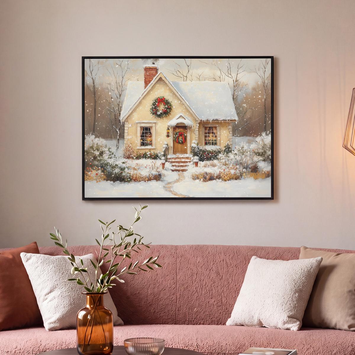 LEINWAND Bilder mit Rahmen - Weihnachten - Zuhause - Winter - Schnee - 80x60 - Creme, Textil (80/60cm) - MuchoWow