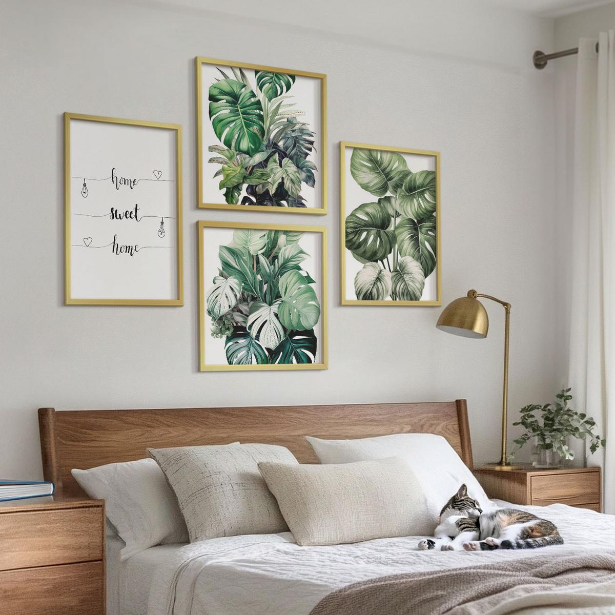 BILDER SET 4er Set - 50x50 cm & 40x60 cm Goldrahmen - Aquarell-Monstera-Blätter - Goldfarben, Kunststoff (50/50cm) - TULUP