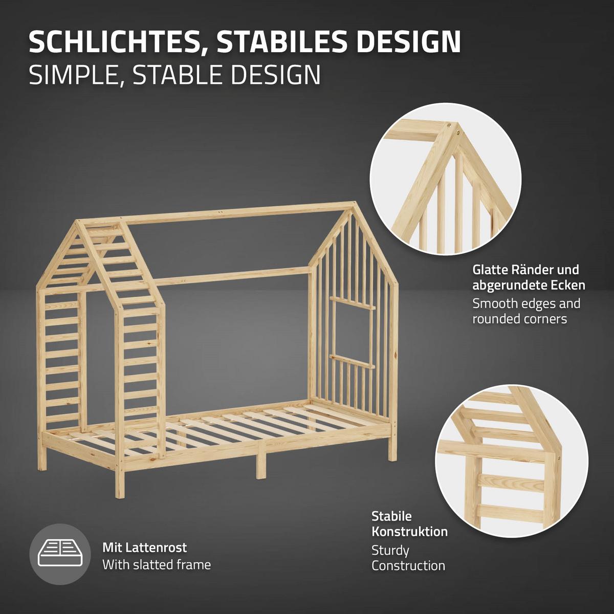KINDERBETT 90x200 cm mit Matratze Lattenrost & Dach Hausbett aus massivem Kiefernholz Natur - Naturfarben, Holz (90/200cm) - ML-DESIGN